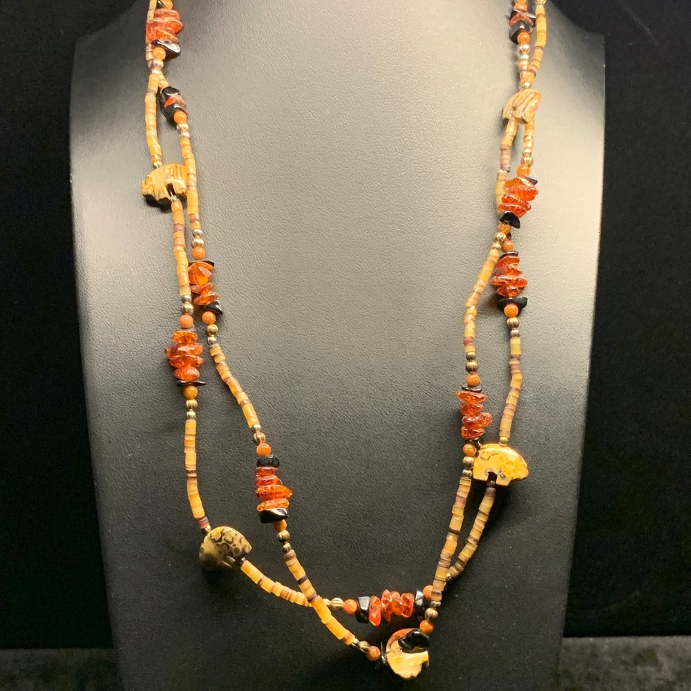 Amber Chip Jasper Bear Fetish Beaded Necklace Goldstone Toggle Clasp 21 Inch